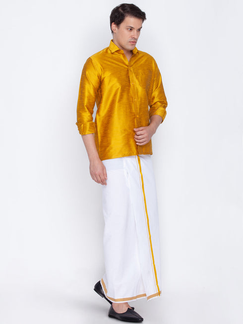Vastramay Men's Yellow Cotton Silk Blend Shirt and Mundu Set